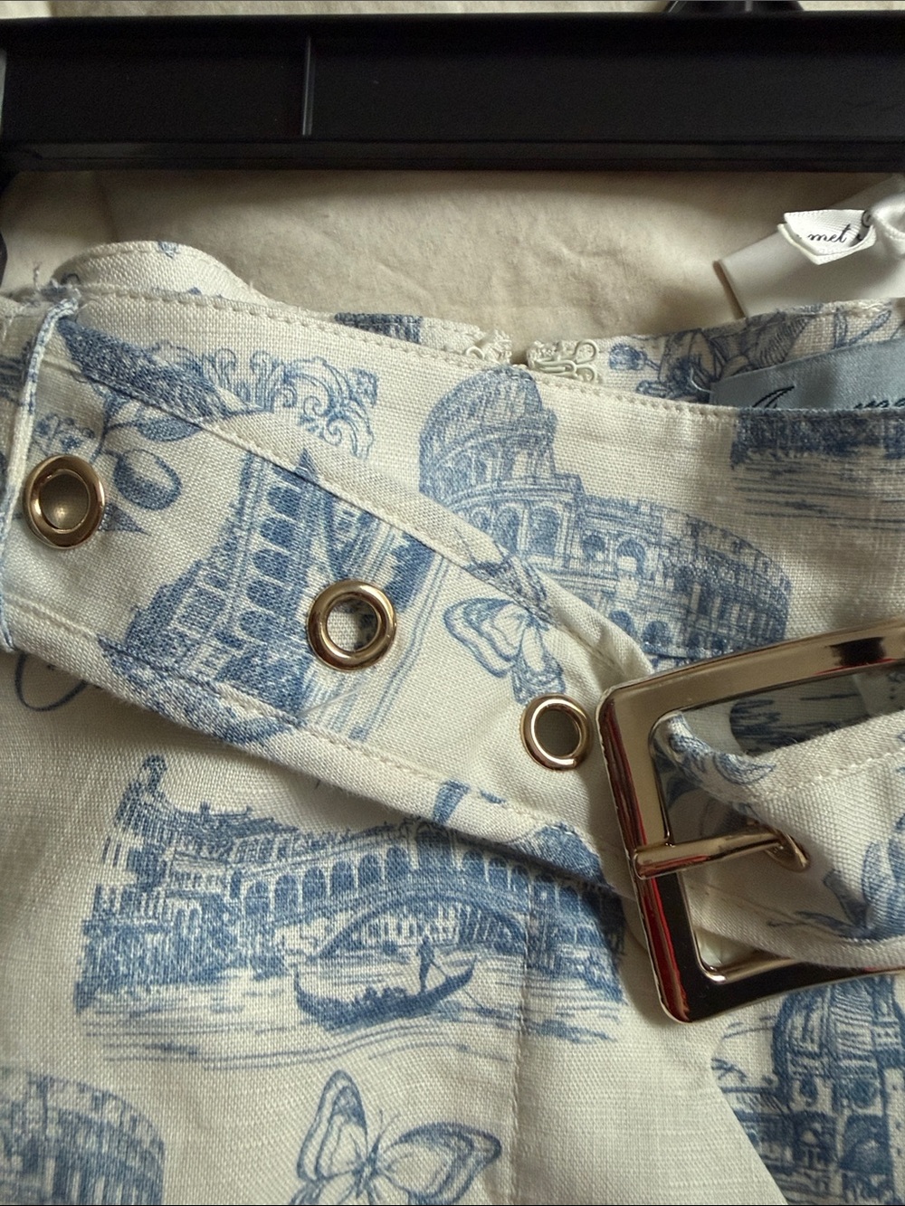 Button-Front Cream and Blue Toile Midi Skirt with Belt - Picture 3 of 5